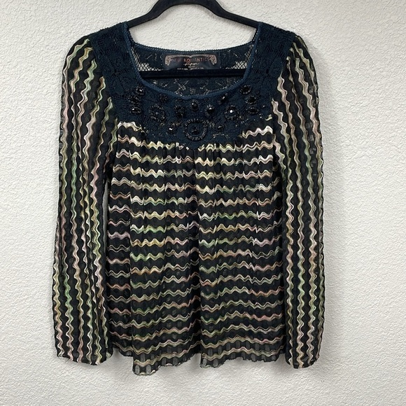 New Romantics Free People Chevron Knit Crochet Lace Beaded Blouse Loose Sz XS - Picture 1 of 11